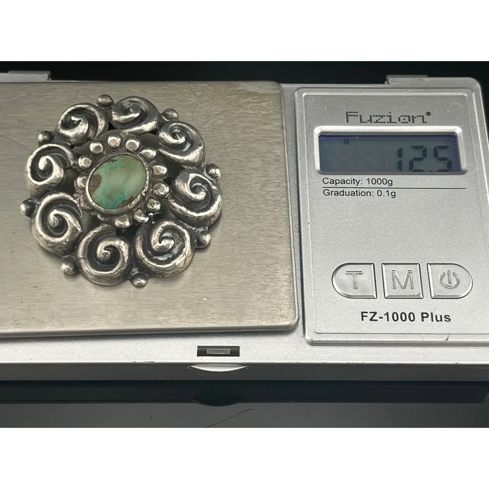Antique Sterling‎ Silver Turquoise Spiral Brooch Early 1900s Southwest Style